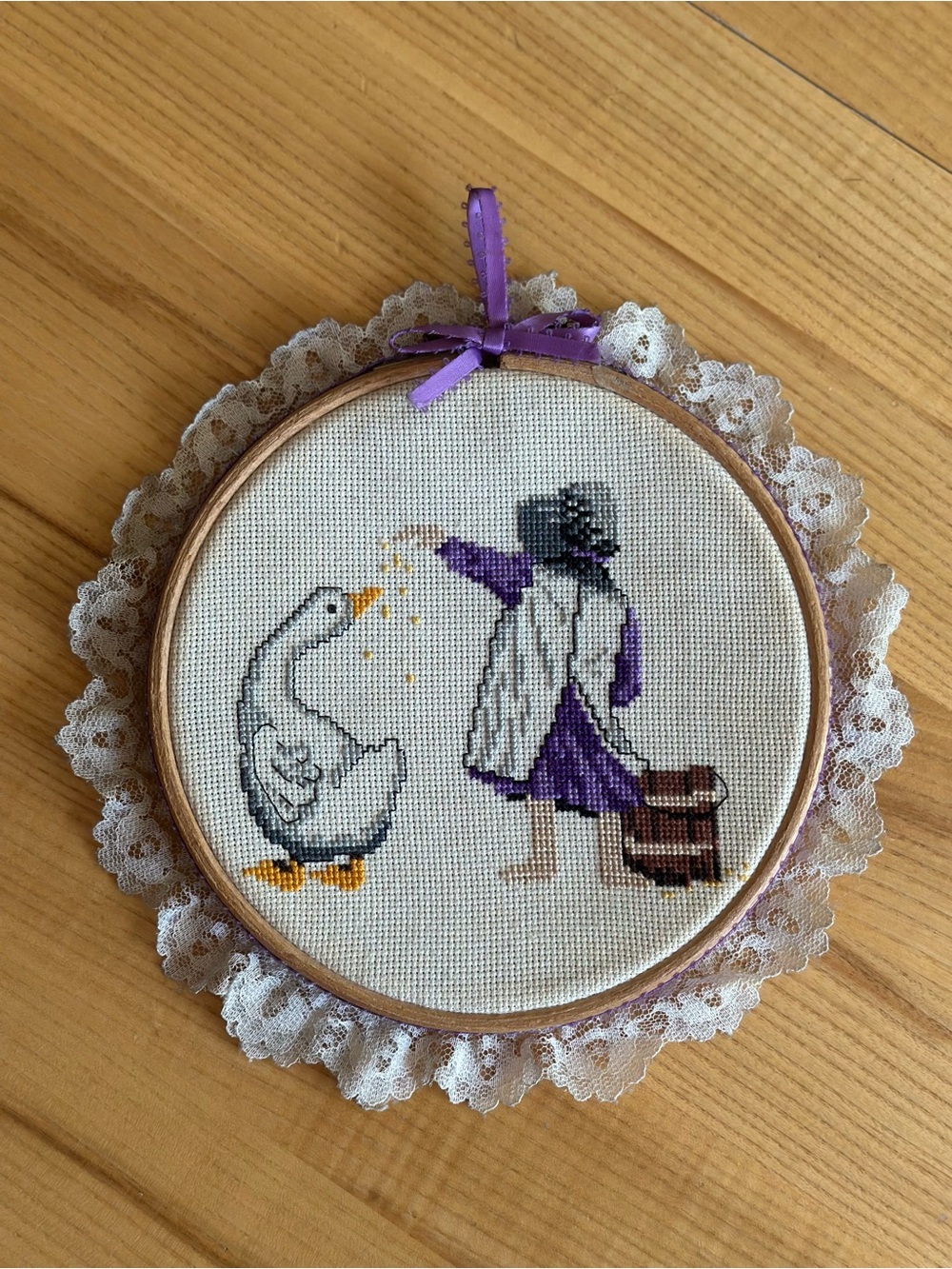 Vintage Needlepoint Girl and Goose Wall Hoop